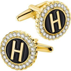 A-Z Initial Cufflinks for Men and Women with Clear Crystal, Gold Silver Color